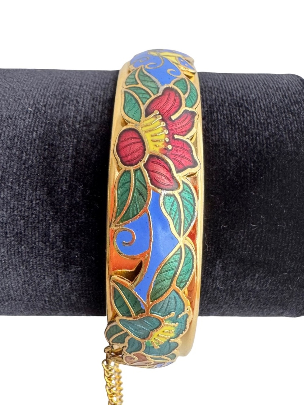 Vintage Enamel Hinged Bangle Bracelet Floral Butterfly Gold Tone Safety Chain 7"